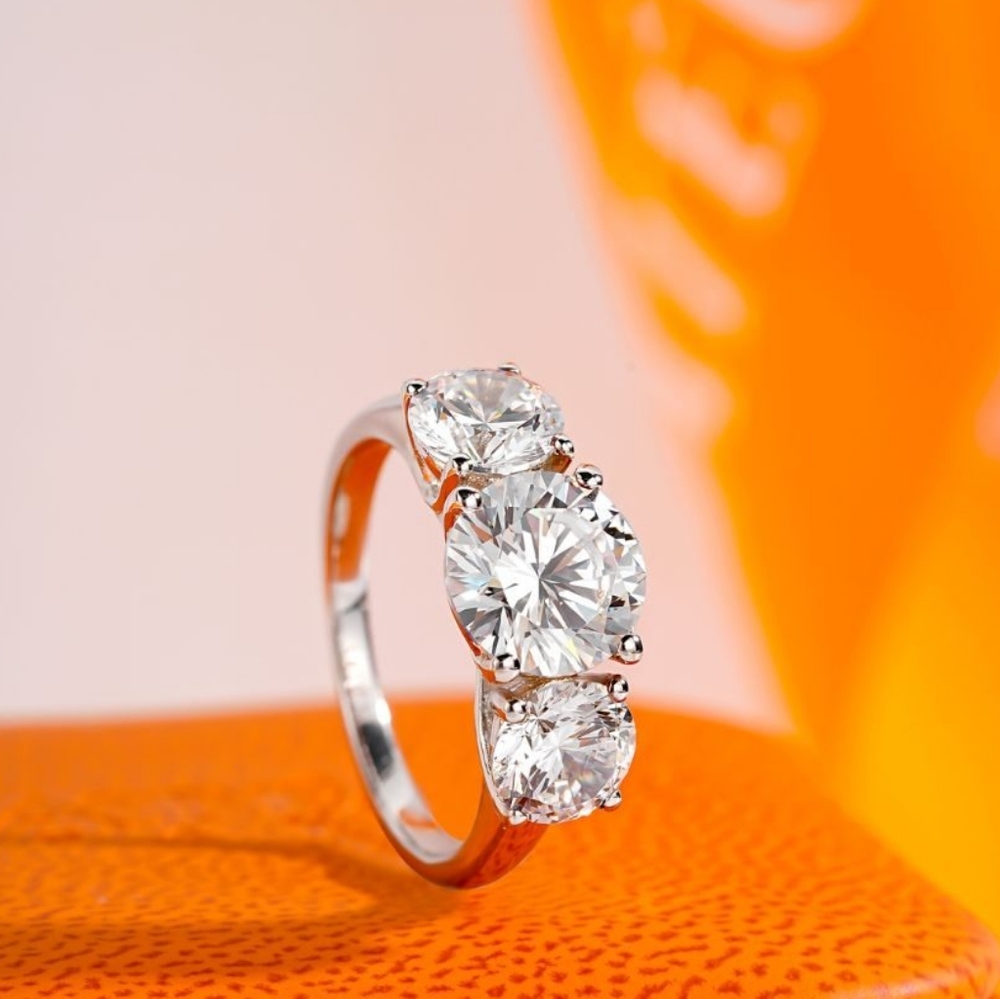 Tri-Stone Platinum Rhodium Over Sterling Silver Ring 3.70ctw